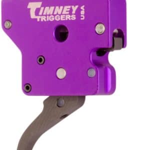 Purple Timney Triggers drop-in rifle trigger module with a curved metal trigger