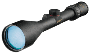 Black rifle scope with a large blue-tinted objective lens and an elevation adjustment knob