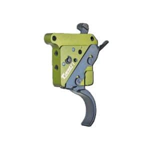 Side view of a small green and blue handheld tool with a curved grip and trigger.