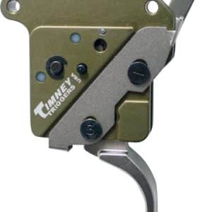 Close-up of a Timney Triggers firearm trigger mechanism with mounting plate, adjustment screws, and a curved trigger lever.