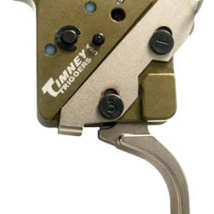 Close-up of a Timney Triggers pistol trigger mechanism with a curved silver trigger.”] } Wait: I included a fancy quote and mismatched. Let's fix.