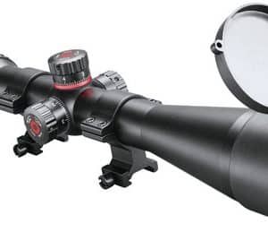 Black rifle scope with elevation and windage turrets, lens caps open, mounted on a rail system.