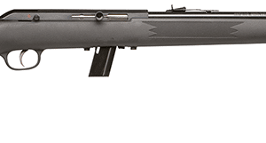 Bolt-action rifle with black synthetic stock, detachable magazine, and long barrel.