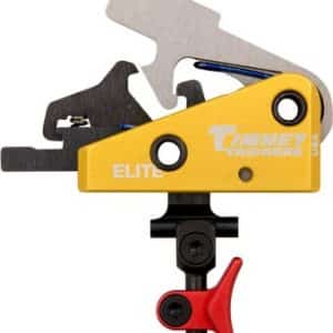 Yellow archery bow press tool with black clamp and red adjustment knob, labeled Elite Trigger.