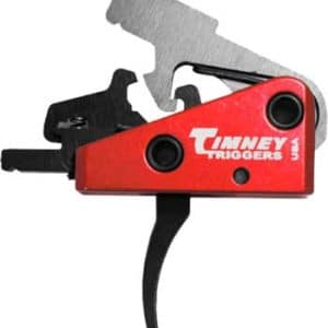 Close-up of a red Timney Triggers firearm trigger assembly with a black trigger and mounting parts