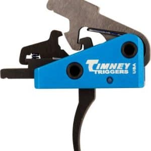 Close-up of a blue Timney Triggers firearm trigger assembly with black levers and metal components
