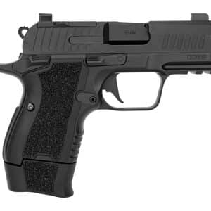 Side view of a black semi-automatic handgun with a textured grip against a white background, showing the trigger guard and slide details.