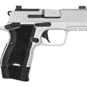 Side view of a silver and black semi-automatic pistol with textured grip and 9mm markings on the slide