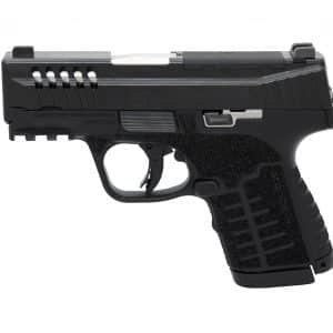 Close-up of a black semi-automatic handgun shown from the left side, focusing on the slide and trigger area.