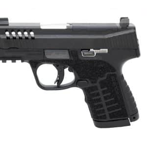 Close-up side view of a black semi-automatic pistol with a textured grip and metal slide.