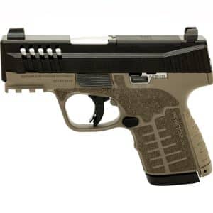 Side view of a two-tone semi-automatic pistol with a tan frame and black slide, shown from the left side.