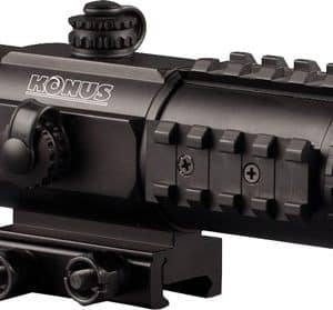 Black Konus rifle scope with rail mount and textured adjustment knob, side view showing the lenses and connection to a mount.