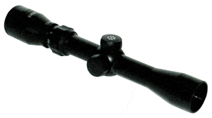 Black rifle scope with adjustable turrets and two lenses, angled for mounting on a firearm