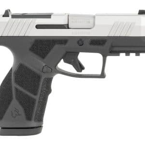 Side view of a semi-automatic pistol with a black grip and silver slide, pointing to the right.