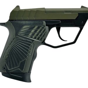 Side view of a Taurus semi-automatic pistol with a green slide and textured grip.