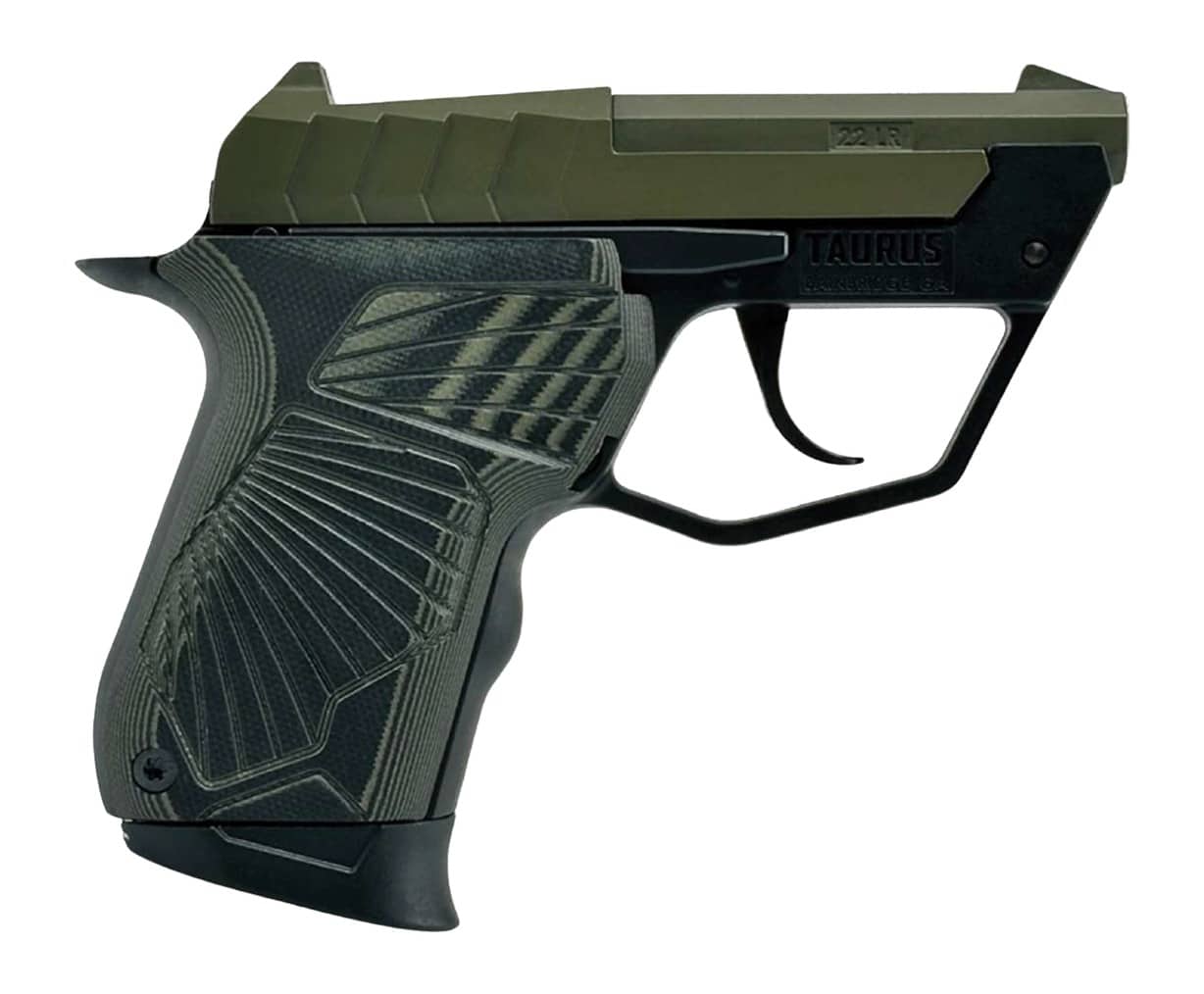 Side view of a Taurus semi-automatic pistol with a green slide and textured grip.