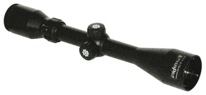 Black rifle scope with adjustment turrets and lens ends, isolated on white background.