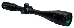 Black riflescope with adjustable turrets and a large objective lens for aiming on a firearm.