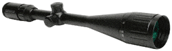 Black rifle scope with adjustable turrets, shown in side view for aiming accuracy