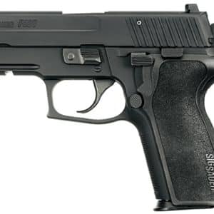 Side view of a black semi-automatic pistol with a textured grip and SIG Sauer branding on the slide.