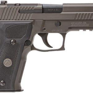 Side view of a dark semi-automatic pistol with a textured grip and a rail under the barrel.