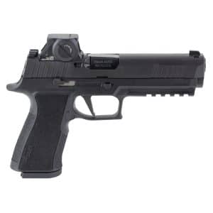 Close-up of a black semi-automatic pistol showing the rear sight, slide, and grip.