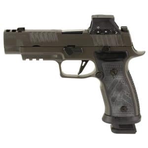 Side view of a SIG Sauer P320 semi-automatic pistol with textured grip and rear sight