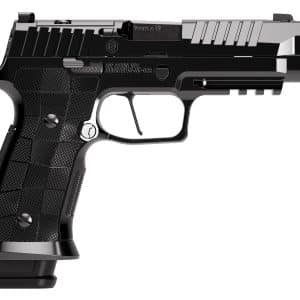 Side view of a black 9mm semi-auto pistol with a textured grip, serrated slide, and ergonomic trigger guard.