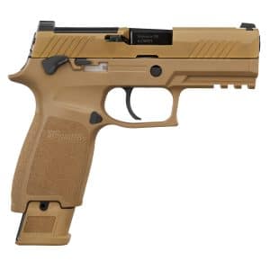 Side view of a tan SIG Sauer pistol with a gold-colored slide and textured grip.