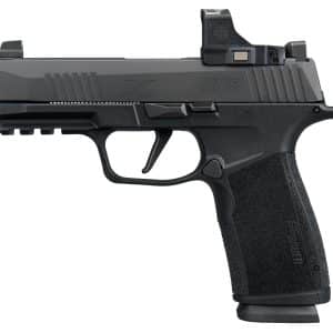 Side view of a black SIG Sauer P365 compact semi-automatic pistol with textured grip and accessory rail