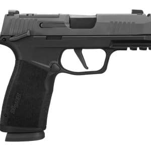 Side view of a black Sig Sauer semi-automatic pistol with a textured grip and accessory rails on the frame down to the grip edge.