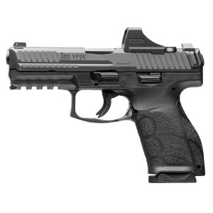 Side view of a black semi-automatic handgun with textured grip and rails, 9mm marked, facing left, with sights visible on top rail.
