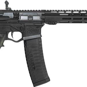 Black AR-style rifle with collapsible stock, long rail handguard, and detachable magazine