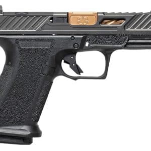 Side view of a black semi-automatic pistol with a textured grip and copper-colored slide accents.