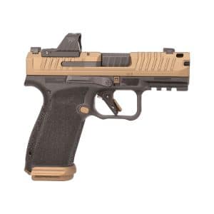 Left-side close-up of a tan/black semi-automatic pistol with a textured grip and tan slide.