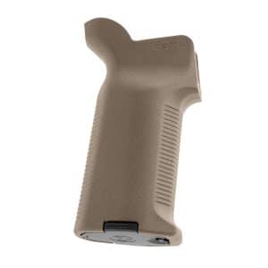 Tan textured pistol grip with ergonomic contour and ribbed vertical grip surface, shown from the bottom with storage base plate visible.