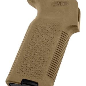 Tan polymer pistol grip with textured palm surface and beavertail top, Made in USA