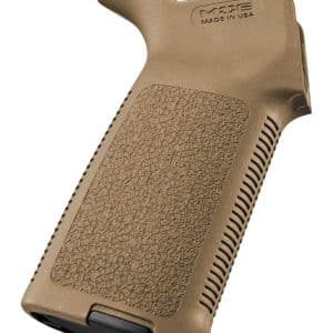 Tan textured firearm grip/accessory with a contoured palm surface and bottom slot, designed to attach to a gun