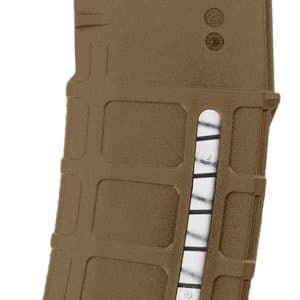 Tan rifle magazine (5.56×45) for a AR-style rifle, with a window showing the cartridge rounds inside.