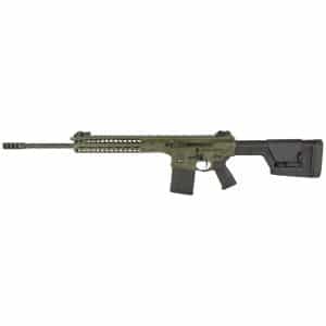 Side profile of an olive-green assault rifle with a long barrel and modular handguard visible along the bottom edge of the image.