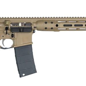 Tan and black AR-style rifle with collapsible stock and long handguard viewed in profile