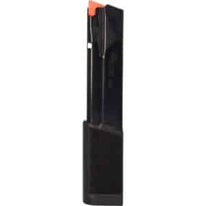 Black pistol magazine with orange follower and textured baseplate.