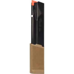 Black pistol magazine with a tan baseplate and an orange follower at the top, standing upright on a white background.