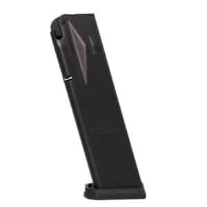 Black handgun magazine standing upright on its baseplate.