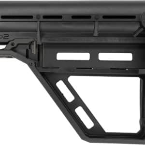 Black adjustable rifle buttstock with a skeletonized frame and mounting area, shown from the side.