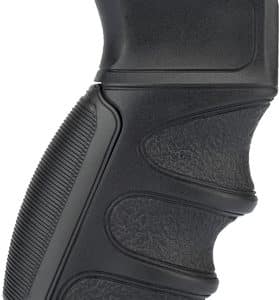 Black textured handgun grip with ergonomic finger grooves, close-up