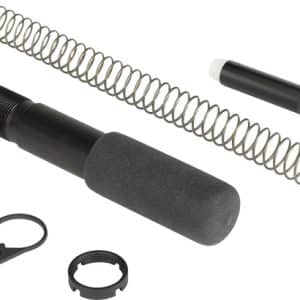 Disassembled firearm cleaning kit: foam-handled rod, long coil spring rod, and small end caps/clips at the bottom.