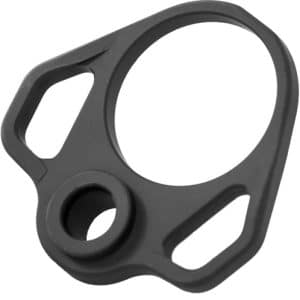 Black plastic ring-shaped mounting bracket featuring a large central circular opening and two side cutouts; likely an accessory mount.