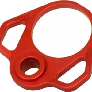 Red plastic component with a large circular opening and two side cutouts, resembles a mounting or adapter piece.