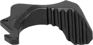 Black plastic strap clip with a ribbed grip and curved hook, used to secure or adjust a strap.